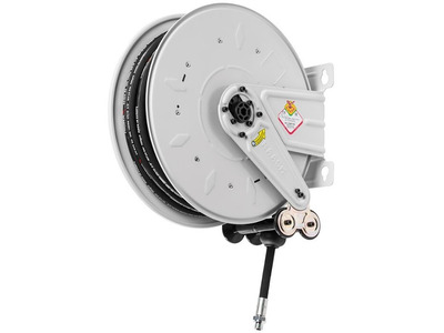 Enrouleur air et eau 18 m Ø G 3/8" (f) 20 bars Acier peint avec enroulement automatique et support mural fixe Raasm