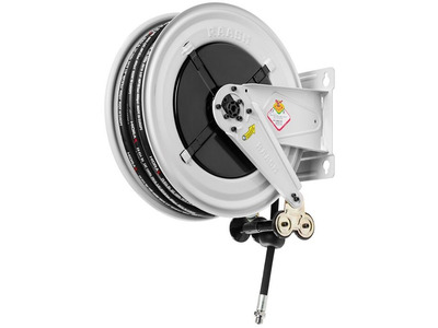 Enrouleur air et eau 12 m Ø G 1/2" (f) 20 bars Acier peint avec enroulement automatique et support mural fixe Raasm