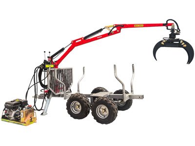 Remorque à bois forestière double essieux 1500 kg avec grue hydraulique 3,4 m et grappin - Moteur essence 6,5ch Torros