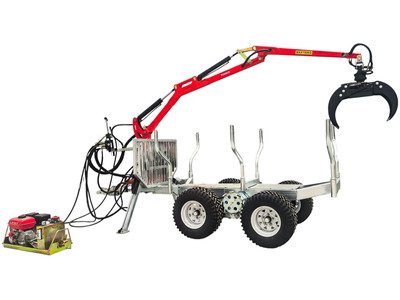 Remorque à bois forestière double essieux avec assistance à la traction 2000 kg et grue hydraulique de 3,4 m - Moteur essence 9ch Torros
