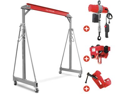 Grue à portique 1 t + palan électrique à chaîne sans fil 3 m 230 V avec chariot et pince à poutre MW Tools