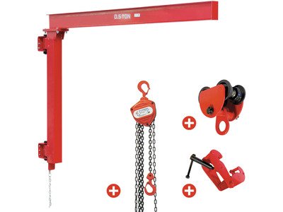 Potence murale 500 kg avec palan manuel à chaîne 2,5 m et chariot roulant + pince à poutre MW Tools