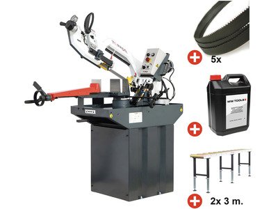 Pack scie à ruban pour métaux 225 mm - 230 V - Vitesse variable -  2 convoyeurs 3 m - 5 rubans - Liquide de coupe 5 L Torros