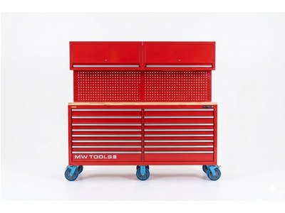 Servante d’atelier professionnelle MEGA - 16 tiroirs - avec panneau perforé et 2 armoires supérieures - XXL 2150 mm de largeur MW Tools