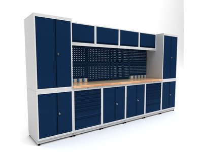 Établi d'atelier industriel 3720 mm PRACO M T31 - Plateau en hêtre massif - Éclairage LED - Tiroirs et armoire MW Tools