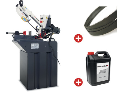 Scie à ruban pour métaux 0-60° capacité de coupe ronde 150 mm 1,1 kW 230V vitesses variables 3 lames de scie 1 bidon de 5L Torros