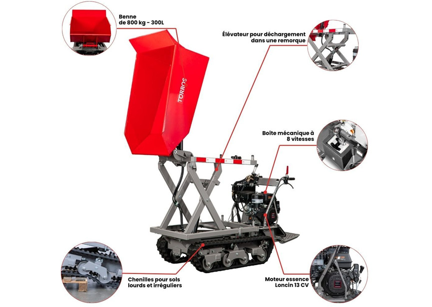 Minidumper à chenilles avec élévateur à ciseaux hydraulique benne 800kg 13CH 6+2R vitesses démarrage électrique Torros - 2