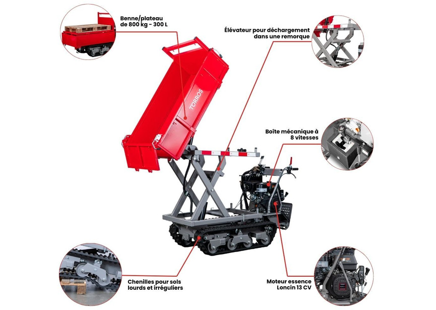 Minidumper à chenilles avec élévateur à ciseaux hydraulique benne plateau 800kg 13CH 6+2R vitesses démarrage électrique Torros - 2