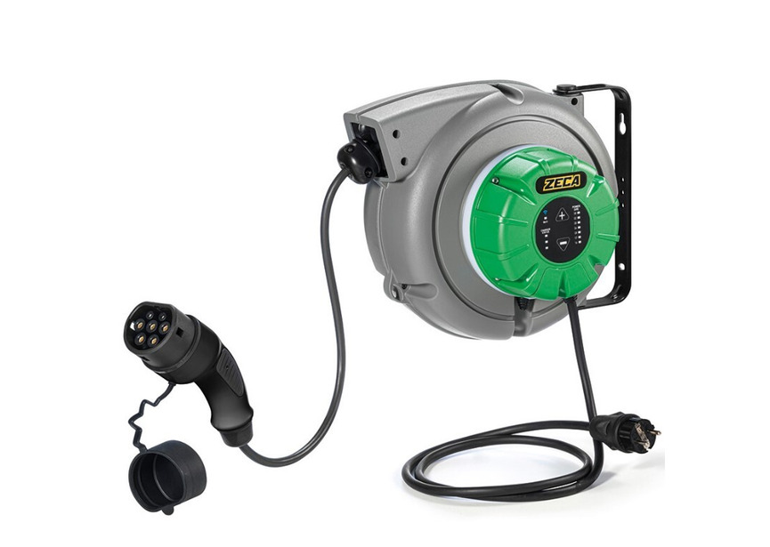 Enrouleur de câble pour véhicules électriques avec boîtier mural 5 m 3G2,5 mm² + 1X0,5 mm² Type d'entrée 2 Zeca