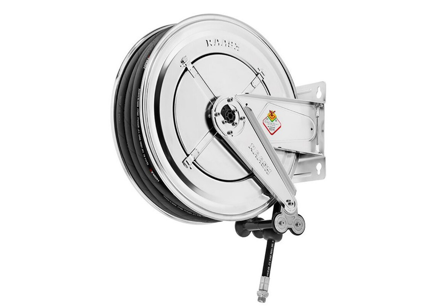 Enrouleur air et eau 10 m Ø G 3/8" (f) 20 bars Inox 304 avec enroulement automatique et support mural fixe Raasm