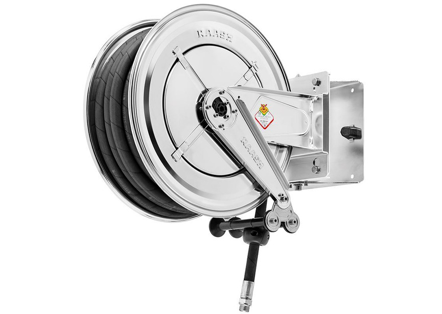 Enrouleur d'eau chaude 30 m Ø 3/8" 200 bars Inox 304 avec enroulement automatique et support mural pivotant Raasm
