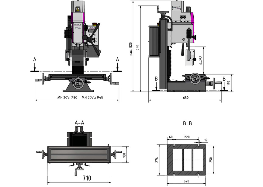 Perceuse-fraiseuse X 480 Y 175 mm Z 280 mm CM2/M10 0,75 kW 230V vitesses variables table longue Optimill - 4
