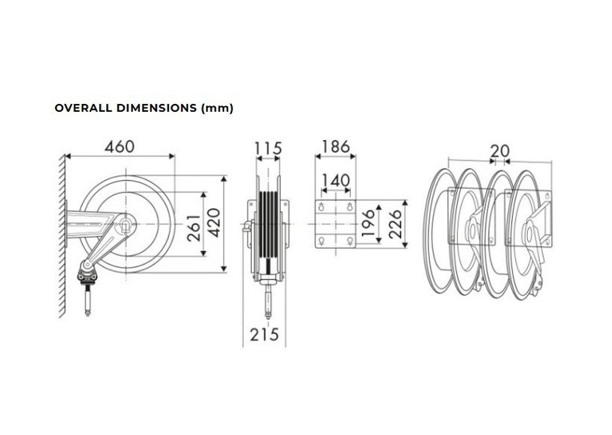 Enrouleur air et eau 15 m Ø G 1/2" (f) 20 bars Acier peint, ABS avec enroulement automatique et support mural fixe Raasm - 3