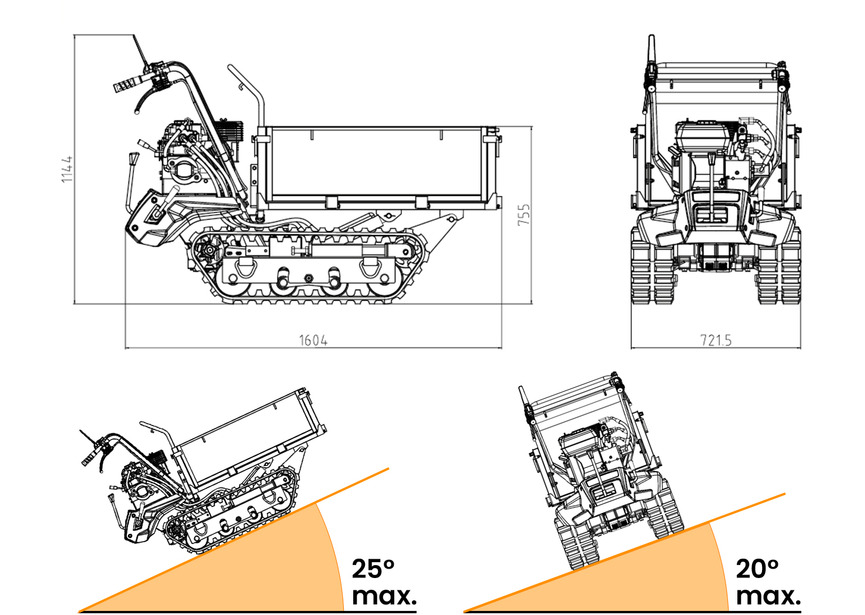 Minidumper à chenilles benne plateau basculante à ridelles 500KG 9CH 6+2R vitesses  Torros - 4