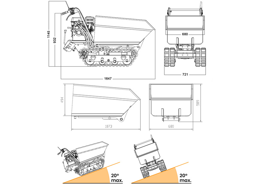 Brouette motorisée essence à chenilles surélevées et monte-escaliers benne basculante hydraulique 600KG 6,5CH 3+1R vitesses  Torros - 5