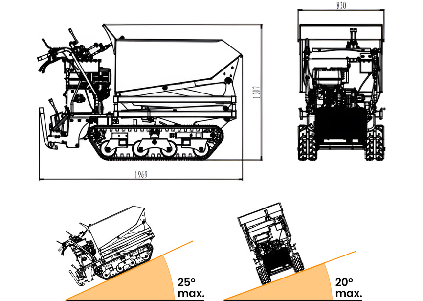 Minidumper à chenilles avec élévateur à ciseaux hydraulique benne 800kg 13CH 6+2R vitesses démarrage électrique Torros - 5