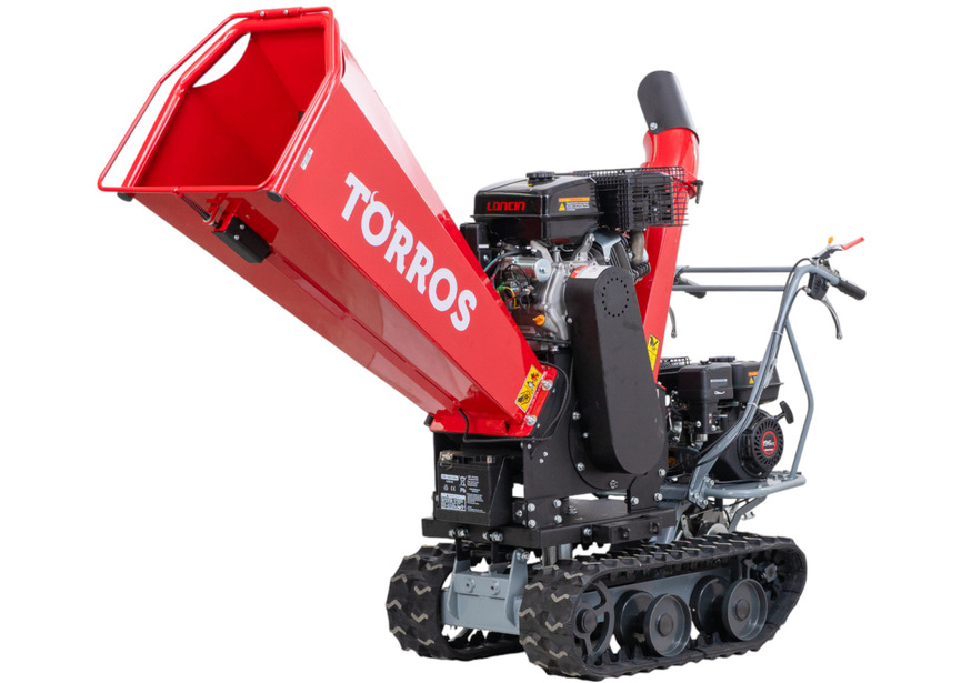 Broyeur de branches sur chenilles ø120mm 15CH 420cc essence démarrage électrique + brouette à moteur à chenilles plateau 300kg 6,5CH Torros