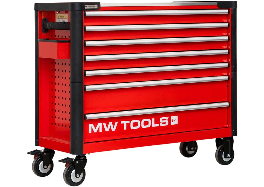 Servante d'atelier 7 tiroirs rouge et noire extra large 960 mm finition haute qualité avec plan de travail en acier inoxydable MW Tools