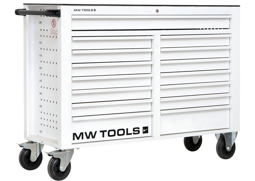 Servante d'atelier 15 tiroirs blanche XXL 1415 mm robuste en acier soudé verrouillable roues ø125 mm MW Tools