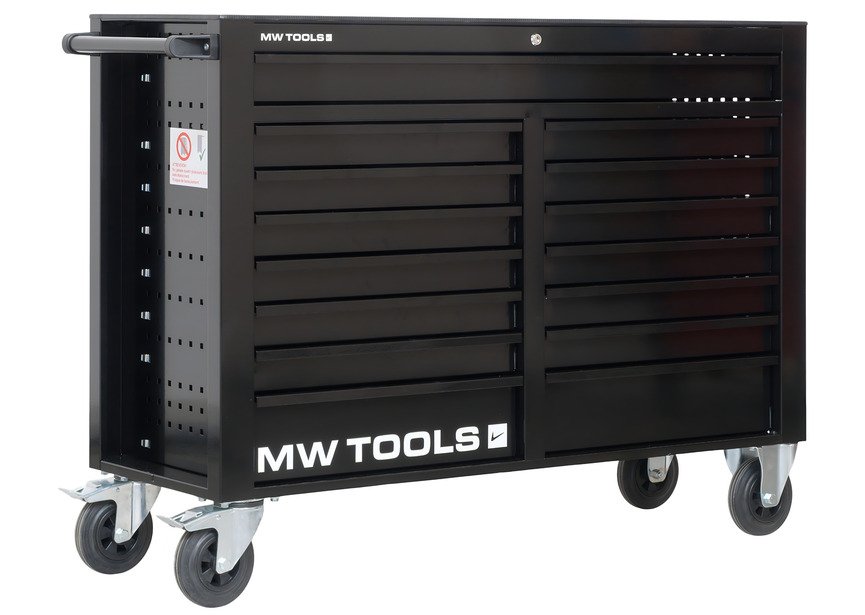 Servante d'atelier 15 tiroirs noire XXL 1415 mm robuste en acier soudé verrouillable roues ø125 mm MW Tools