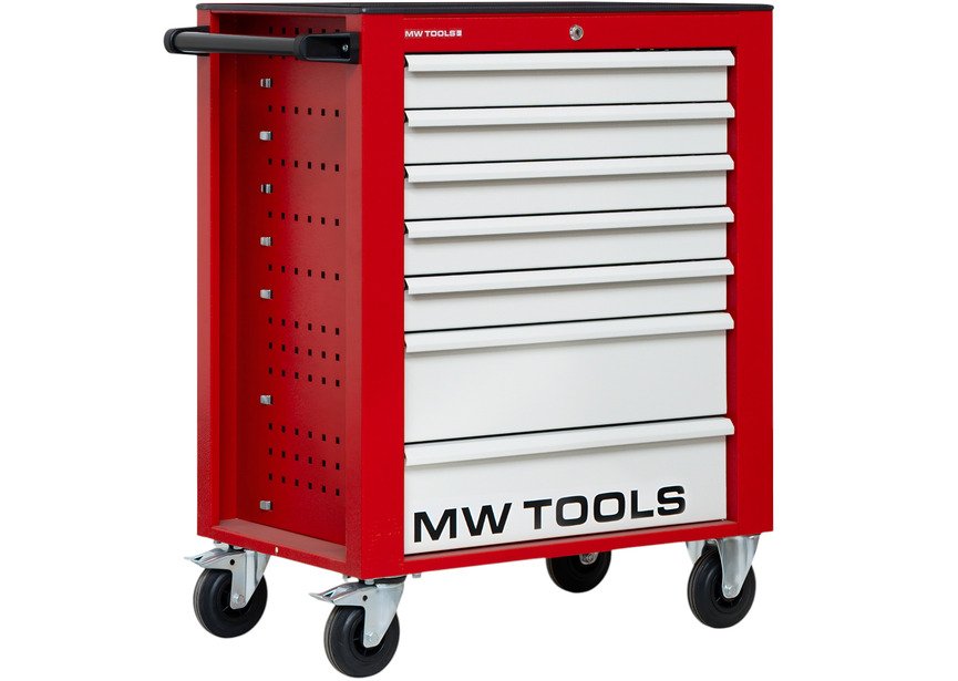 Servante d'atelier 7 tiroirs rouge et grise robuste en acier soudé verrouillable roues ø125 mm MW Tools