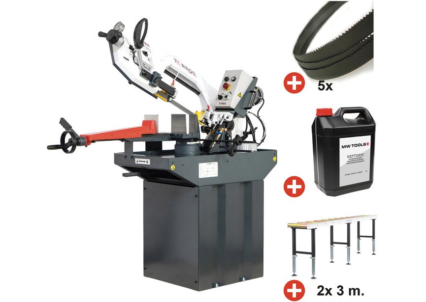 Pack scie à ruban pour métaux 225 mm - 230 V - Vitesse variable -  2 convoyeurs 3 m - 5 rubans - Liquide de coupe 5 L Torros