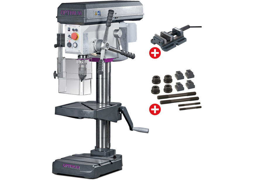 Perceuse d'établi jusque ø 24 mm raccord CM2 850W 230V 7 vitesses + étau de perçage + jeu de boulons Optidrill