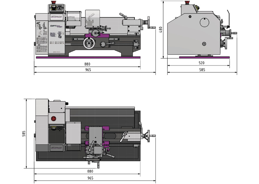 Tour à métaux d'établi hauteur des pointes 115 mm entre-pointes 450 mm alésage 21 mm 0,75 kW 230V 6 vitesses Optiturn - 3