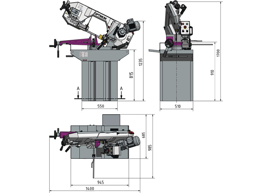 Scie à ruban pour métaux 0-60° capacité ronde 225 mm 1,5 kW 230V vitesses variables 20-90 m/min hauteur lame 27 mm Optisaw - 5
