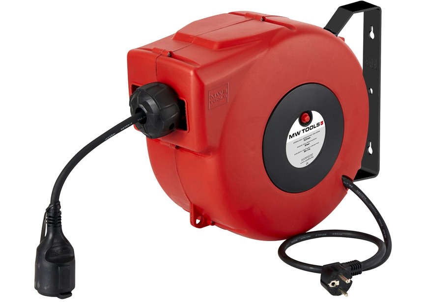 Enrouleur de câble 8 m 3G 2,5 mm² 230V Polypropylène avec enrouleur automatique et support mural pivotant MW Tools
