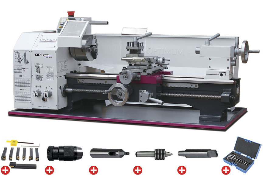 Tour à métaux d'établi hauteur des pointes 125 mm entre-pointes 550 mm alésage 26 mm 0,75 kW 400V 6 vitesses avec accessoires Optiturn