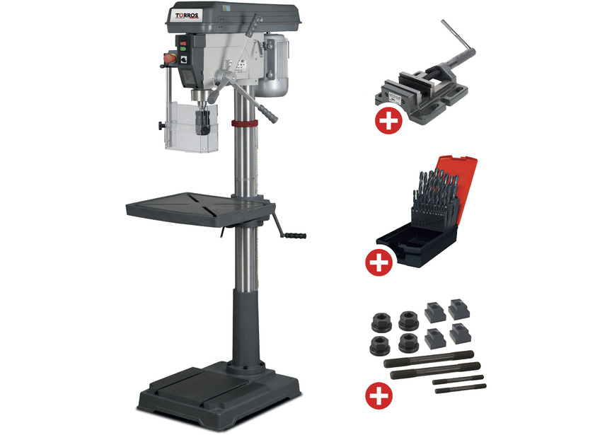 Perceuse à colonne jusque ø 30 mm CM4 1,1 kW 400V + étau de perçage + jeu de boulons + jeu de mèches Torros