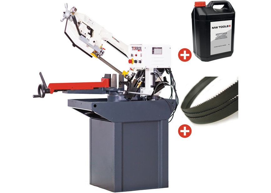 Scie à ruban pour métaux 0-60° capacité ronde 225 mm 1,11 kW 230V vitesses variables inclus 5 lames de scie et 5L d'huile de refroidissement Torros