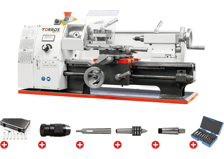 Tour à métaux d'établi hauteur des pointes 100 mm entre-pointes 300 mm alésage 21 mm 0,6 kW 230V + accessoires essentiels Torros