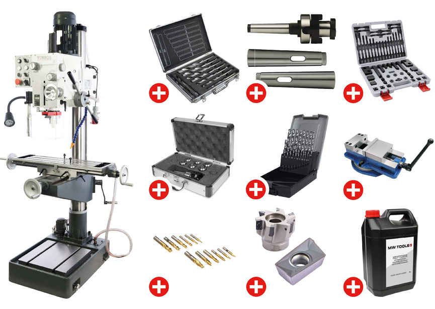 Perceuse-fraiseuse à colonne percer jusque ø 32 mm CM4/M16 1,5 kW 400V table croisée pompe avec les accessoires essentiels Torros
