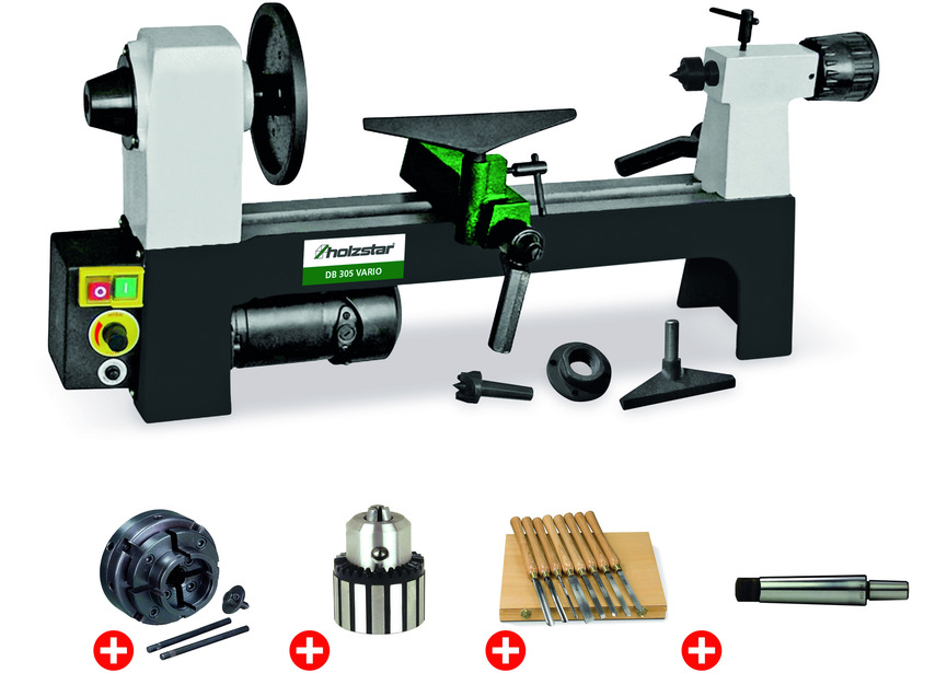 Pack tour à bois 200x305mm + mandrin 4 mors 100 mm + jeu 8 burins + mandrin à couronne + arbre Holzstar
