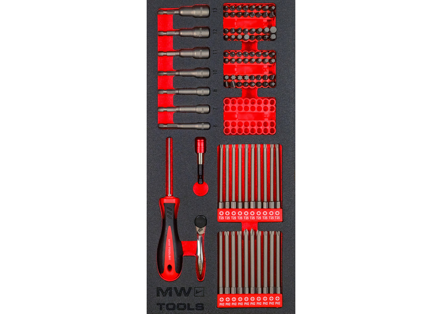Jeu d'embouts ¼" Torx- Plat- PH- PZ- ROB- Wing- HEX- Spline 94 pièces module en mousse pour servante d'atelier MW Tools