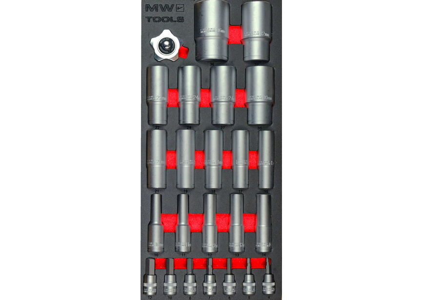 Jeu de douilles et douilles à embouts 1/2"-3/8" 10-36 mm 24 pièces module en mousse pour servante d'atelier MW Tools