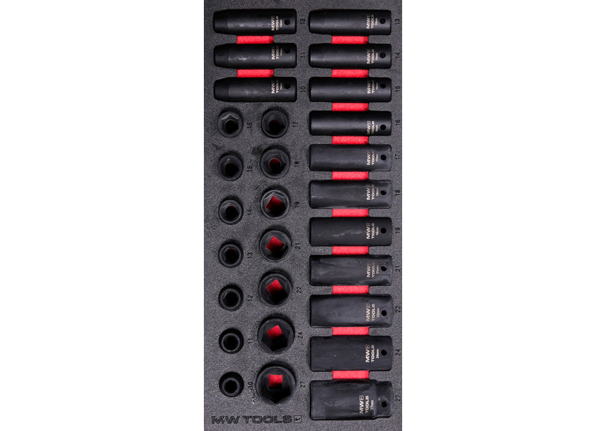 Jeu de douilles à chocs 1/2" 10-27 mm 28 pièces module en mousse pour servante d'atelier MW Tools