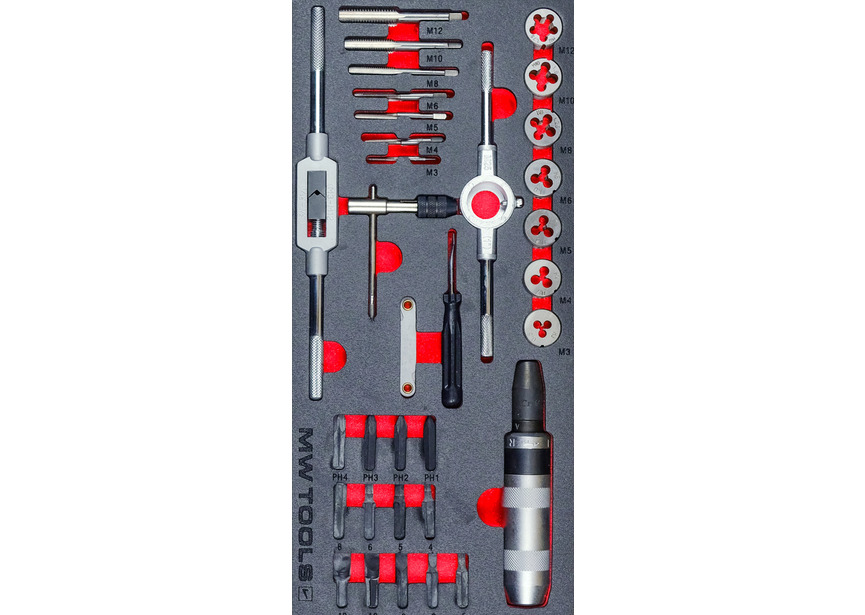 Set de tarauds et de filières 35 pièces module en mousse pour servante d'atelier MW Tools