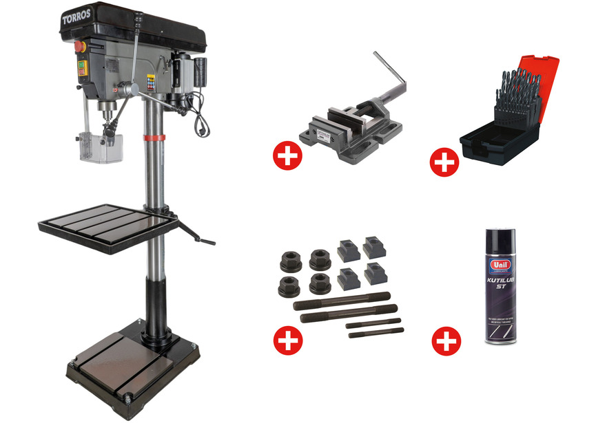 Perceuse à colonne professionnelle jusque ø 30 mm CM3 1,5 kW 230V + étau de perçage jeu de boulons jeu mêches aérosol Torros