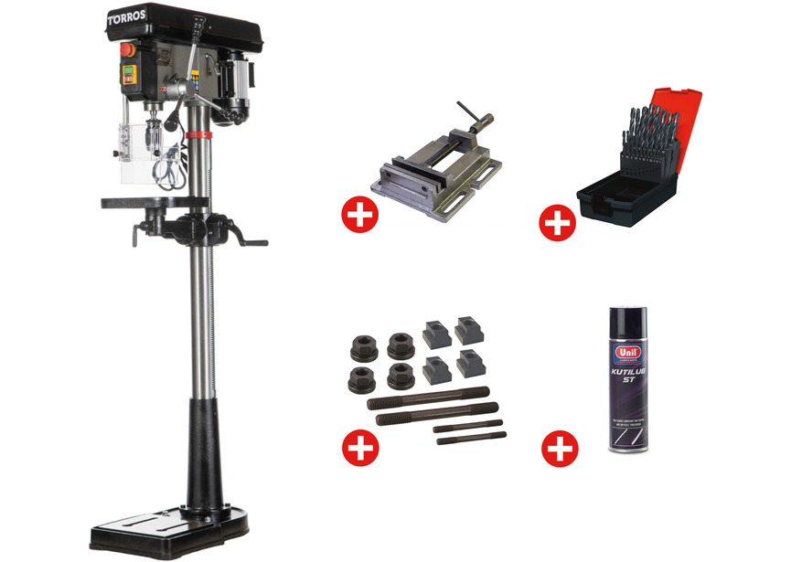 Perceuse à colonne professionnelle jusque ø 20 mm CM2 600W 230V + étau de perçage jeu de boulons jeu mêches aérosol Torros