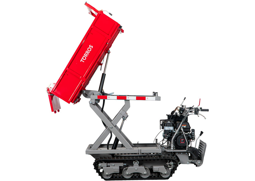 Minidumper à chenilles avec élévateur à ciseaux hydraulique benne plateau 800kg 13CH 6+2R vitesses démarrage électrique Torros - 6