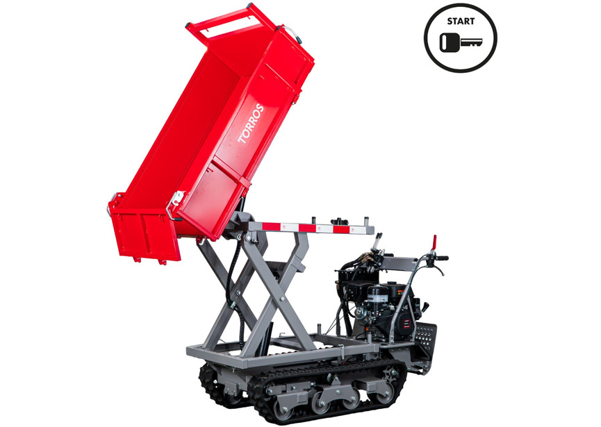 Minidumper à chenilles avec élévateur à ciseaux hydraulique benne plateau 800kg 13CH 6+2R vitesses démarrage électrique Torros