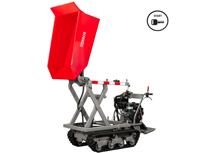Minidumper à chenilles avec élévateur à ciseaux hydraulique benne 800kg 13CH 6+2R vitesses démarrage électrique Torros