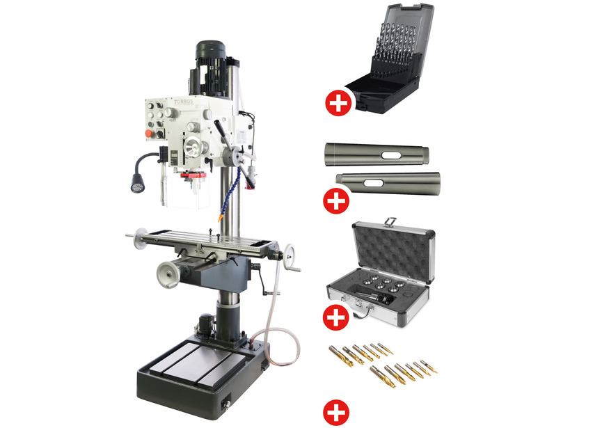 Pack Perceuse-fraiseuse à colonne perçage jusqu'à ø 32 mm CM4/M16 1,5 kW 400 V table croisée + pompe et accessoires de base Torros