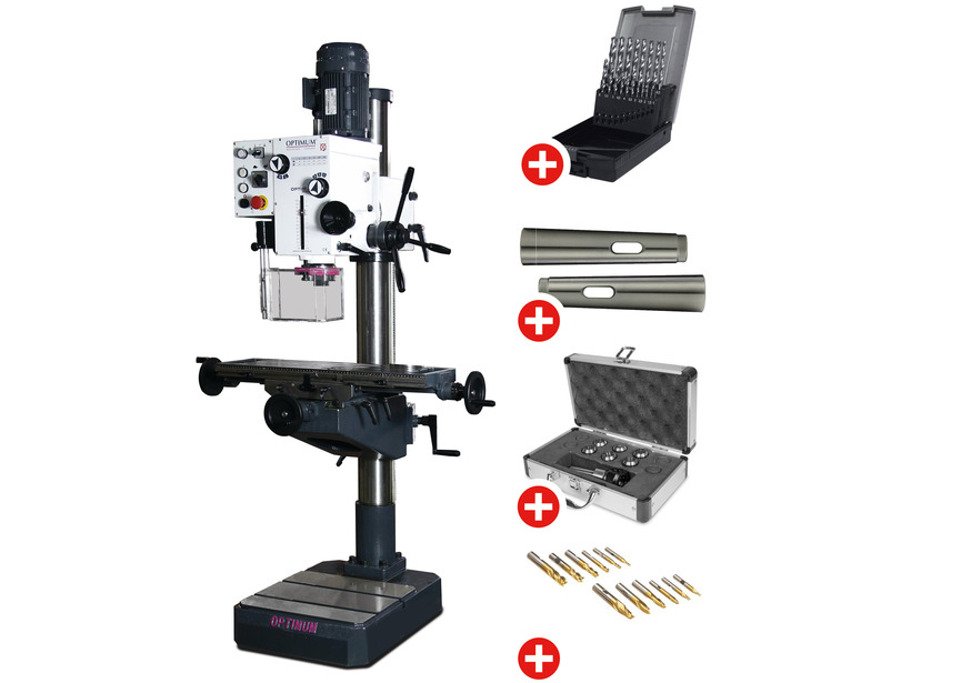 Pack Perceuse-fraiseuse à colonne perçage jusqu'à ø 32 mm CM4/M16 1,5 kW 400 V table croisée et accessoires de base Optidrill